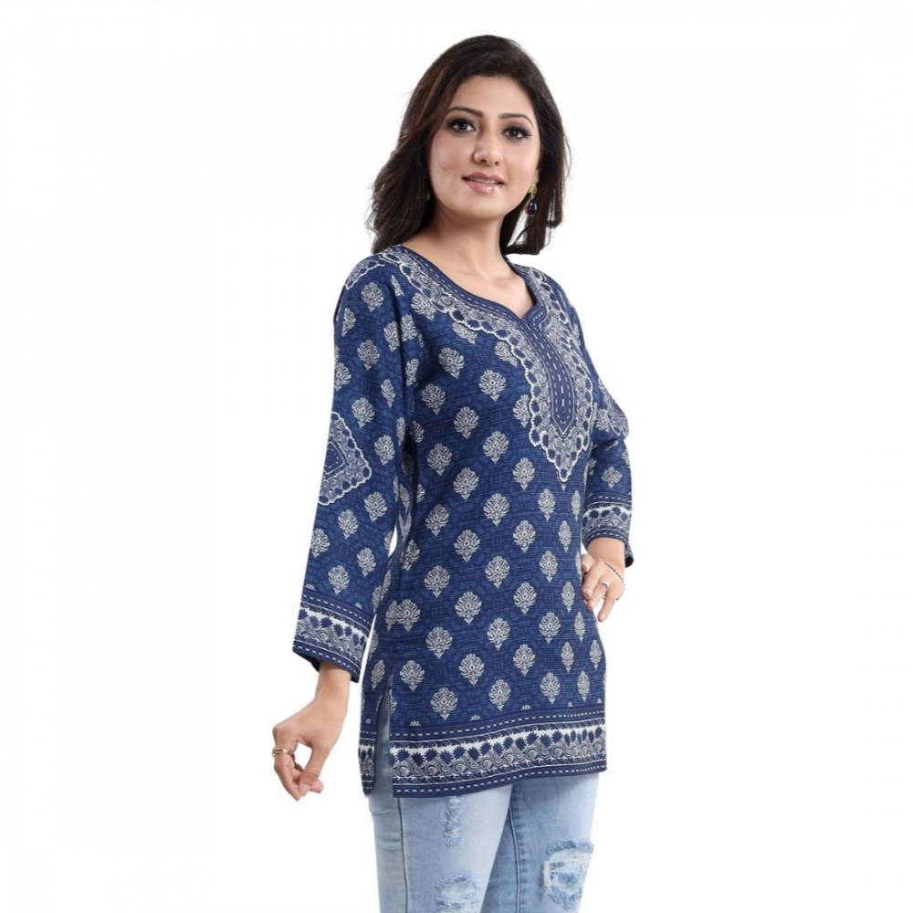 Femilyn Women's Quarter Sleeve Faux Crepe Printed Short Kurti Tunic Top (Color:Blue)