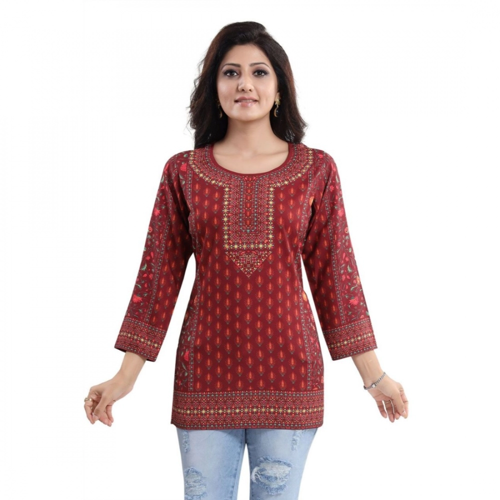 Femilyn Women's Quarter Sleeve Faux Crepe Printed Short Kurti Tunic Top (Color:Red)