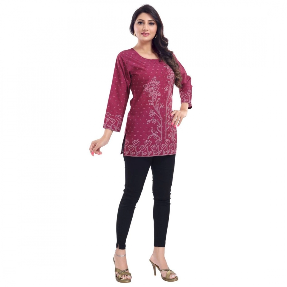 Femilyn Women's Quarter Sleeve Faux Crepe Printed Short Kurti Tunic Top (Color:Magenta)