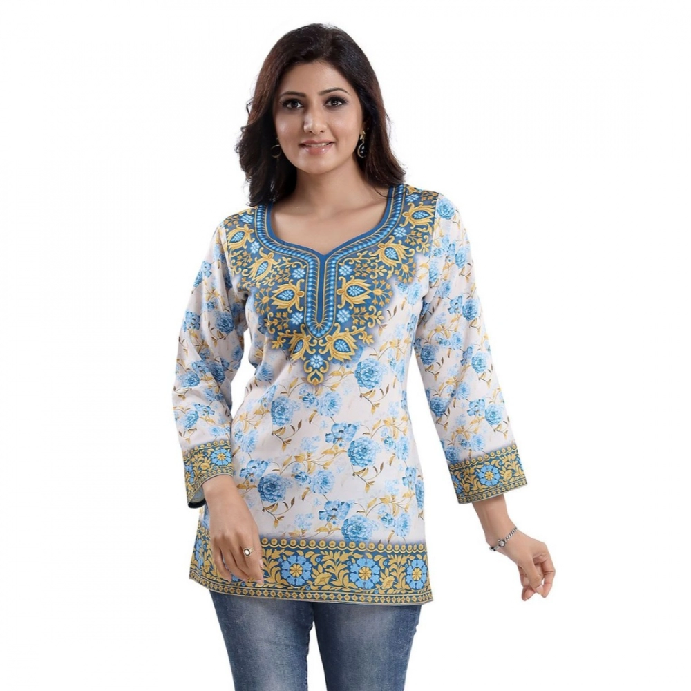 Femilyn Women's Quarter Sleeve Faux Crepe Printed Short Kurti Tunic Top (Color:White)