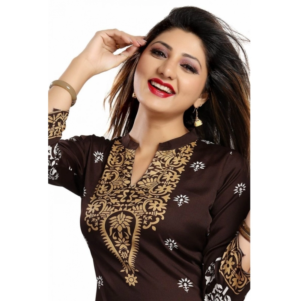 Femilyn Women's Quarter Sleeve Faux Crepe Printed Short Kurti Tunic Top (Color:Brown)