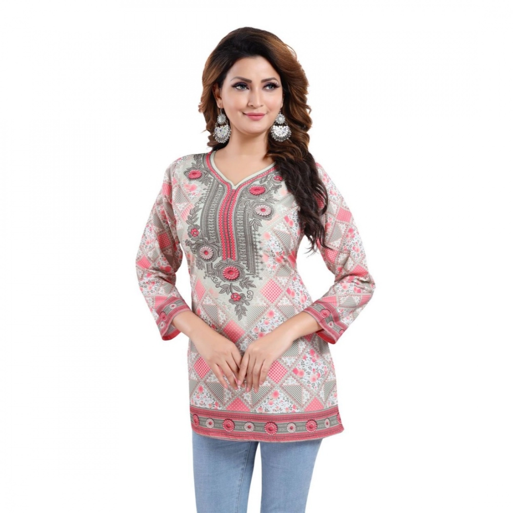 Femilyn Women's Quarter Sleeve Faux Crepe Printed Short Kurti Tunic Top (Color:Pink)