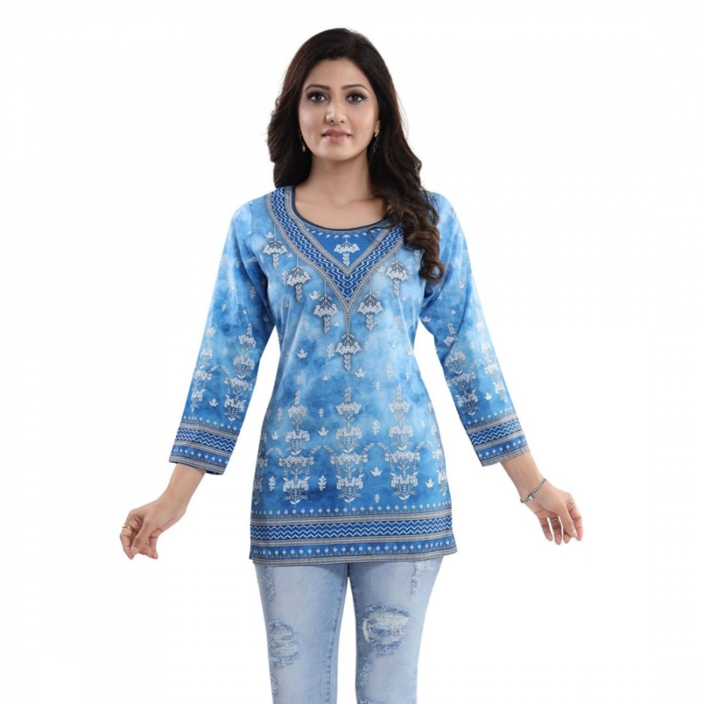 Femilyn Women's Quarter Sleeve Faux Crepe Printed Short Kurti Tunic Top (Color:Sky Blue)