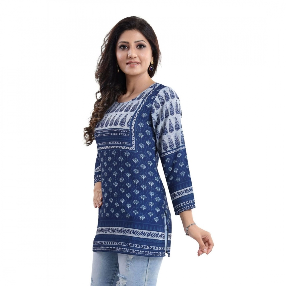 Femilyn Women's Quarter Sleeve Faux Crepe Printed Short Kurti Tunic Top (Color:Blue)