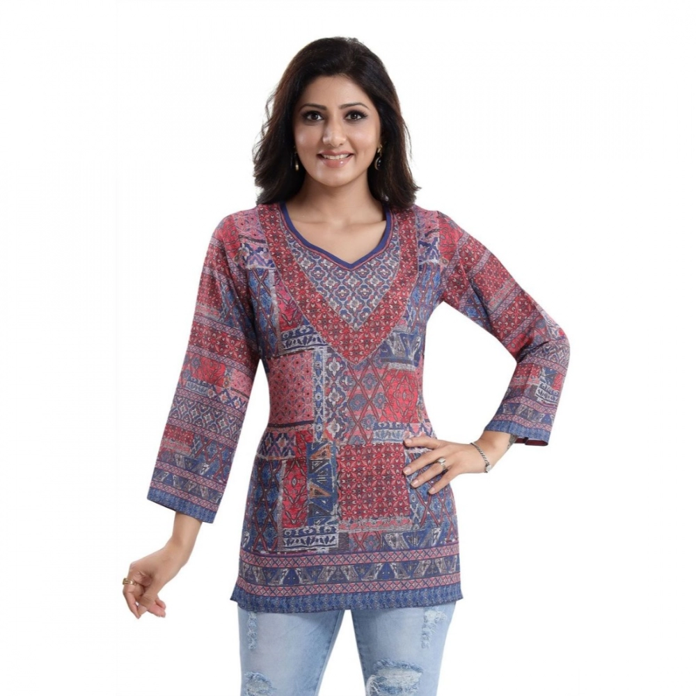 Femilyn Women's Quarter Sleeve Faux Crepe Printed Short Kurti Tunic Top (Color:Multicolor)