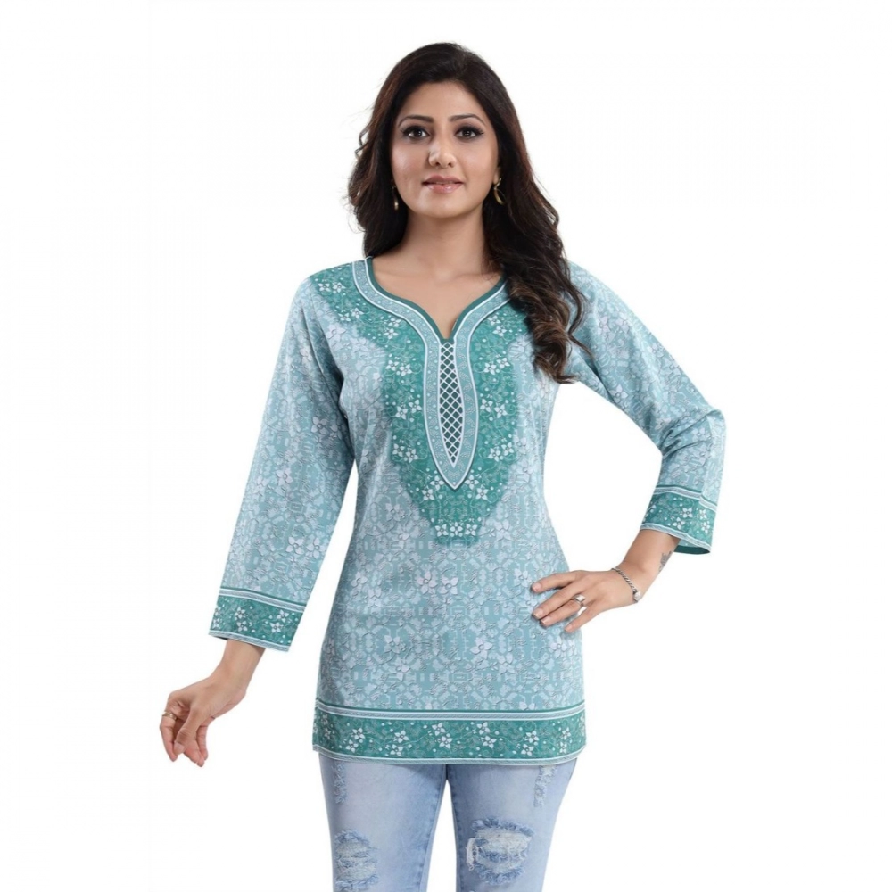 Femilyn Women's Quarter Sleeve Faux Crepe Printed Short Kurti Tunic Top (Color:Blue)