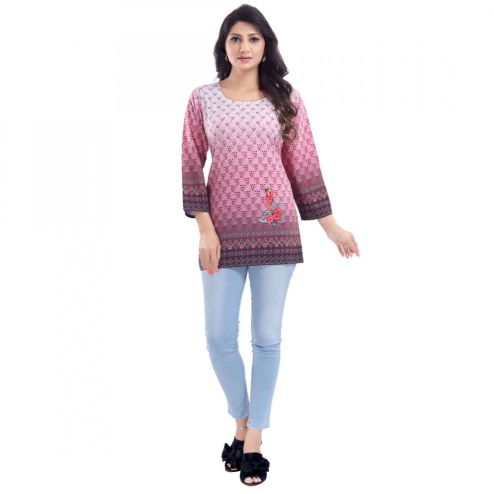 Femilyn Women's Quarter Sleeve Faux Crepe Printed Short Kurti Tunic Top (Color:Pink)