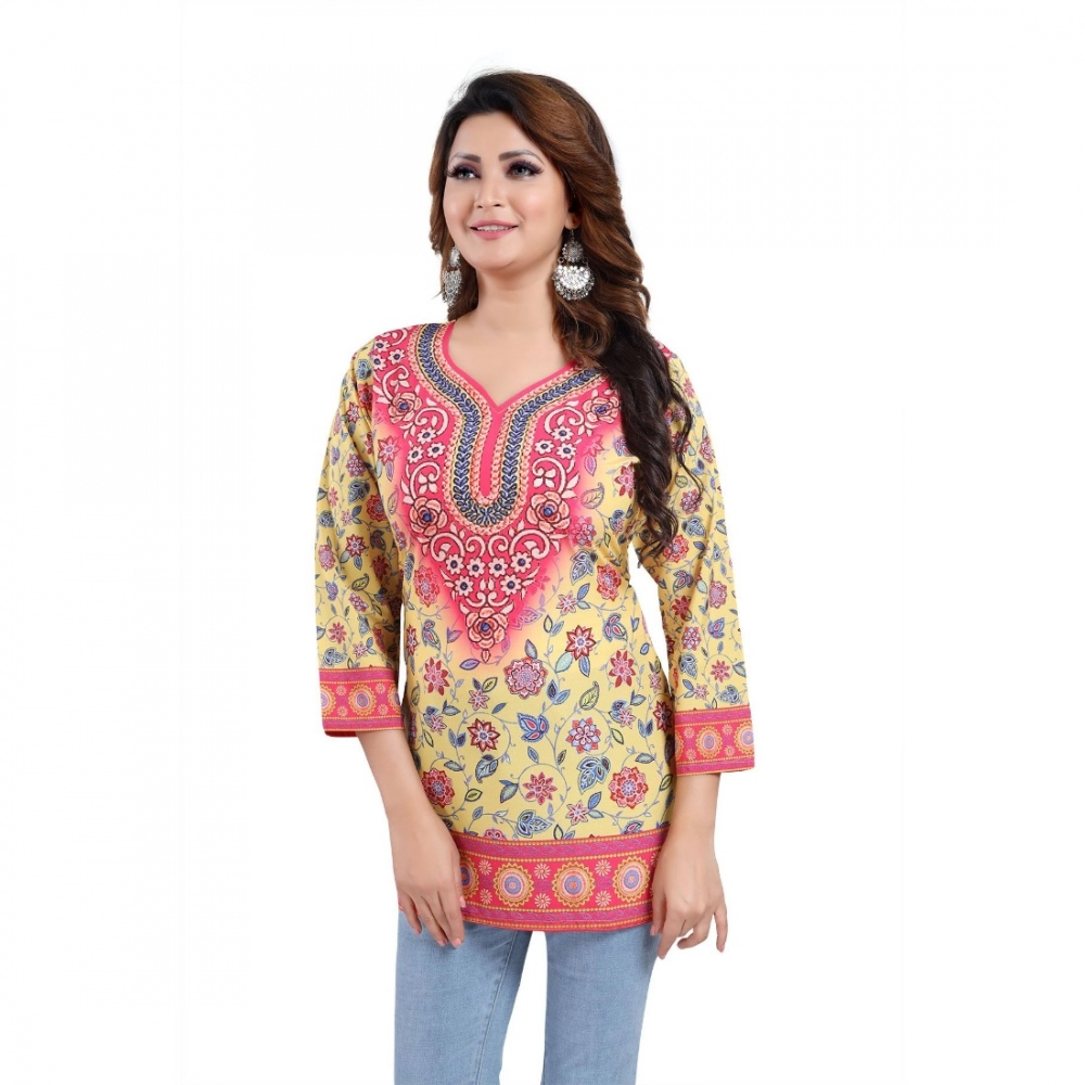 Femilyn Women's Quarter Sleeve Faux Crepe Printed Short Kurti Tunic Top (Color:Yellow)