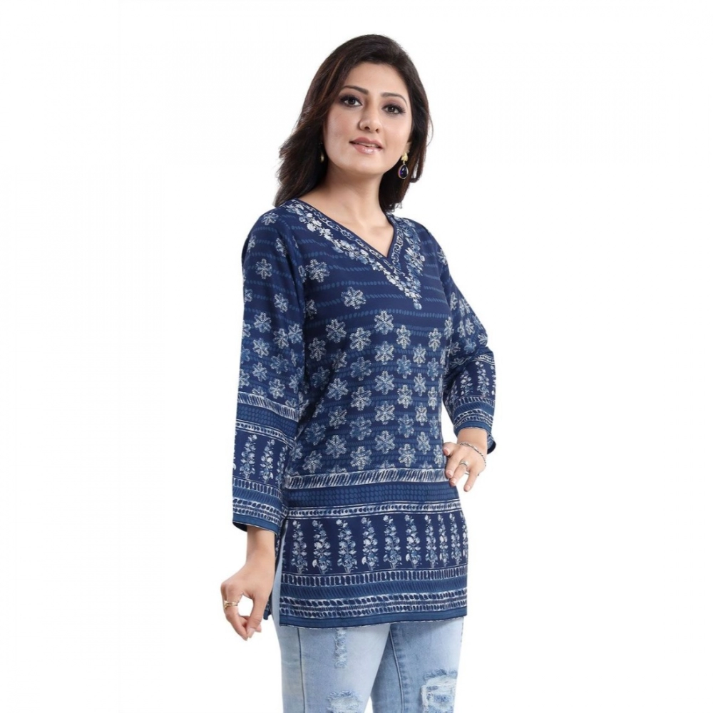 Femilyn Women's Quarter Sleeve Faux Crepe Printed Short Kurti Tunic Top (Color:Blue)