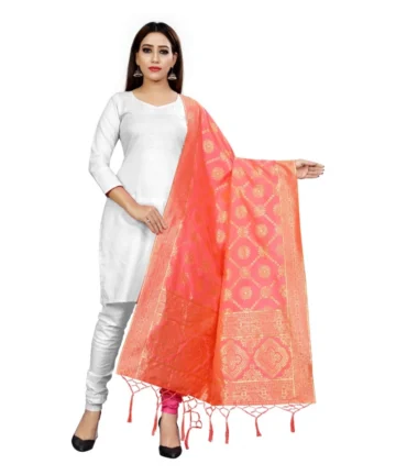 Femilyn Women's Banarasi Silk Floral Printed Dupatta (Peach, Length:2-2.4 mtr)