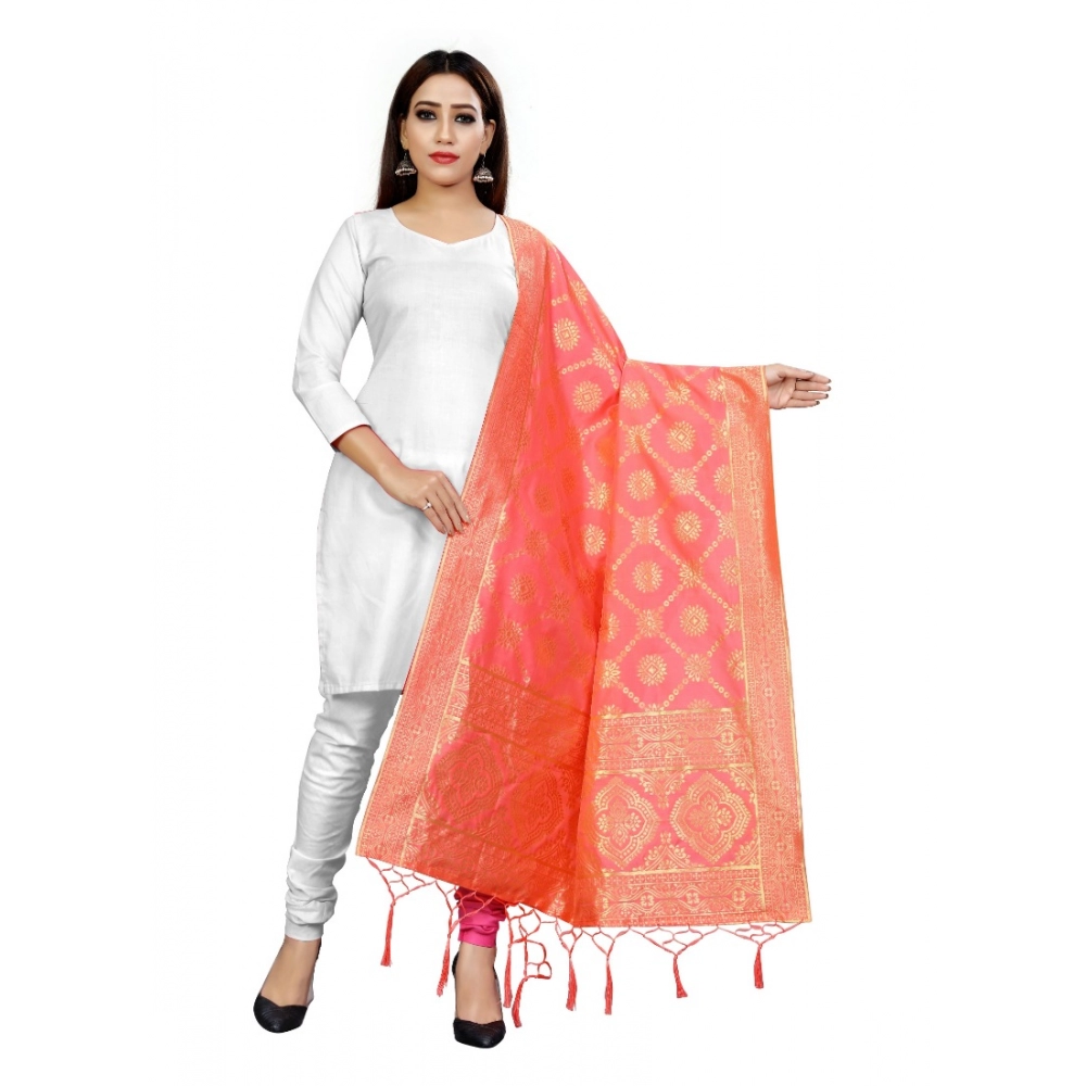 Femilyn Women's Banarasi Silk Floral Printed Dupatta (Peach, Length:2-2.4 mtr)