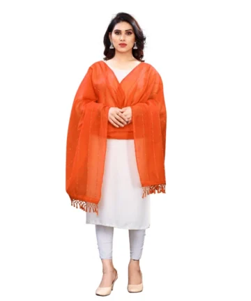 Femilyn Women's Cotton Silk Strips Printed Dupatta (Orange, Length:2-2.4 mtr)