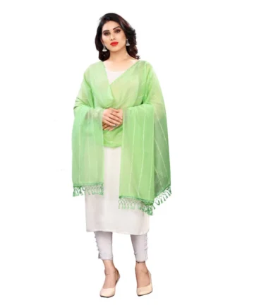 Femilyn Women's Cotton Silk Strips Printed Dupatta (Parrot Green, Length:2-2.4 mtr)