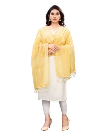 Femilyn Women's Cotton Silk Strips Printed Dupatta (Yellow, Length:2-2.4 mtr)