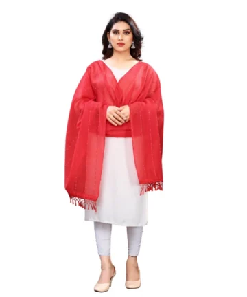Femilyn Women's Cotton Silk Strips Printed Dupatta (Red, Length:2-2.4 mtr)