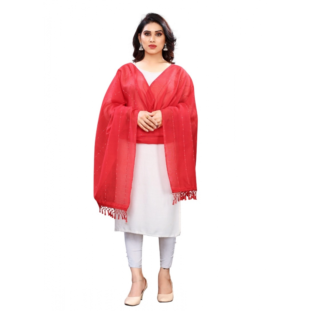 Femilyn Women's Cotton Silk Strips Printed Dupatta (Red, Length:2-2.4 mtr)