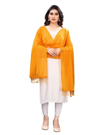Femilyn Women's Cotton Silk Strips Printed Dupatta (Musterd Yellow, Length:2-2.4 mtr)