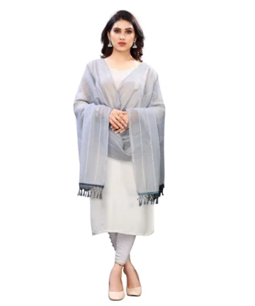 Femilyn Women's Cotton Silk Strips Printed Dupatta (Grey, Length:2-2.4 mtr)