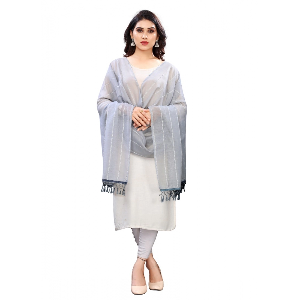 Femilyn Women's Cotton Silk Strips Printed Dupatta (Grey, Length:2-2.4 mtr)