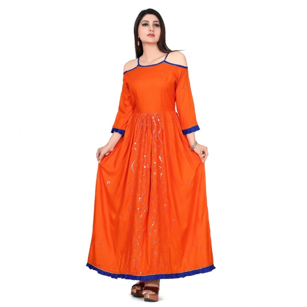 Femilyn Women's Rayon Cotton Orange Embroidered Long Kurti
