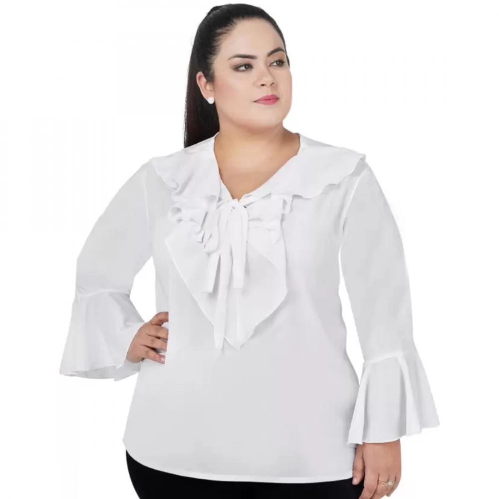 Femilyn Women's Casual Bell Sleeve Solid White Top (Color:White, Material:Georgette)
