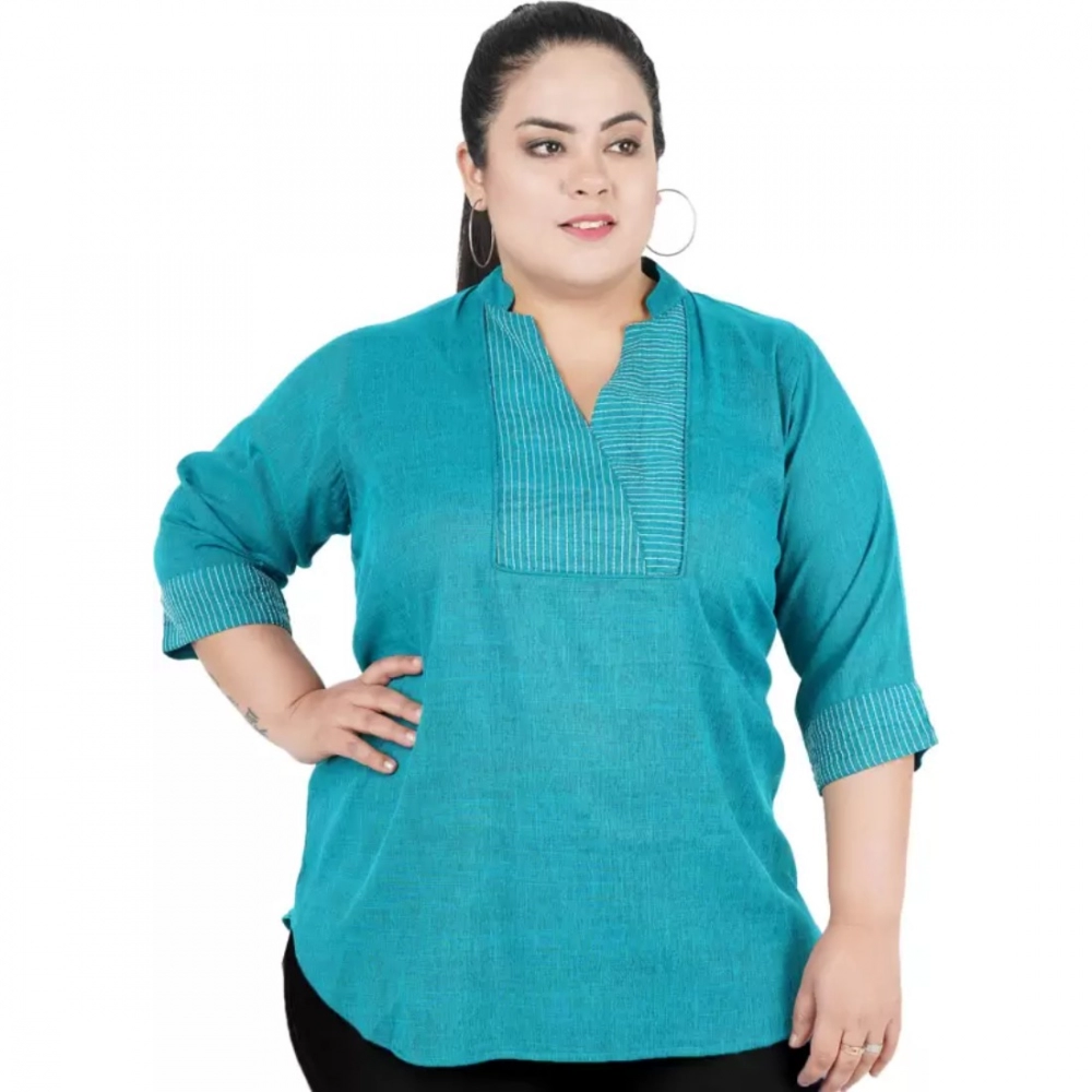 Femilyn Women's Casual Three Fourth Sleeve Embroidered Light Green Top (Color:Light Blue, Material:Cotton Linen Blend)