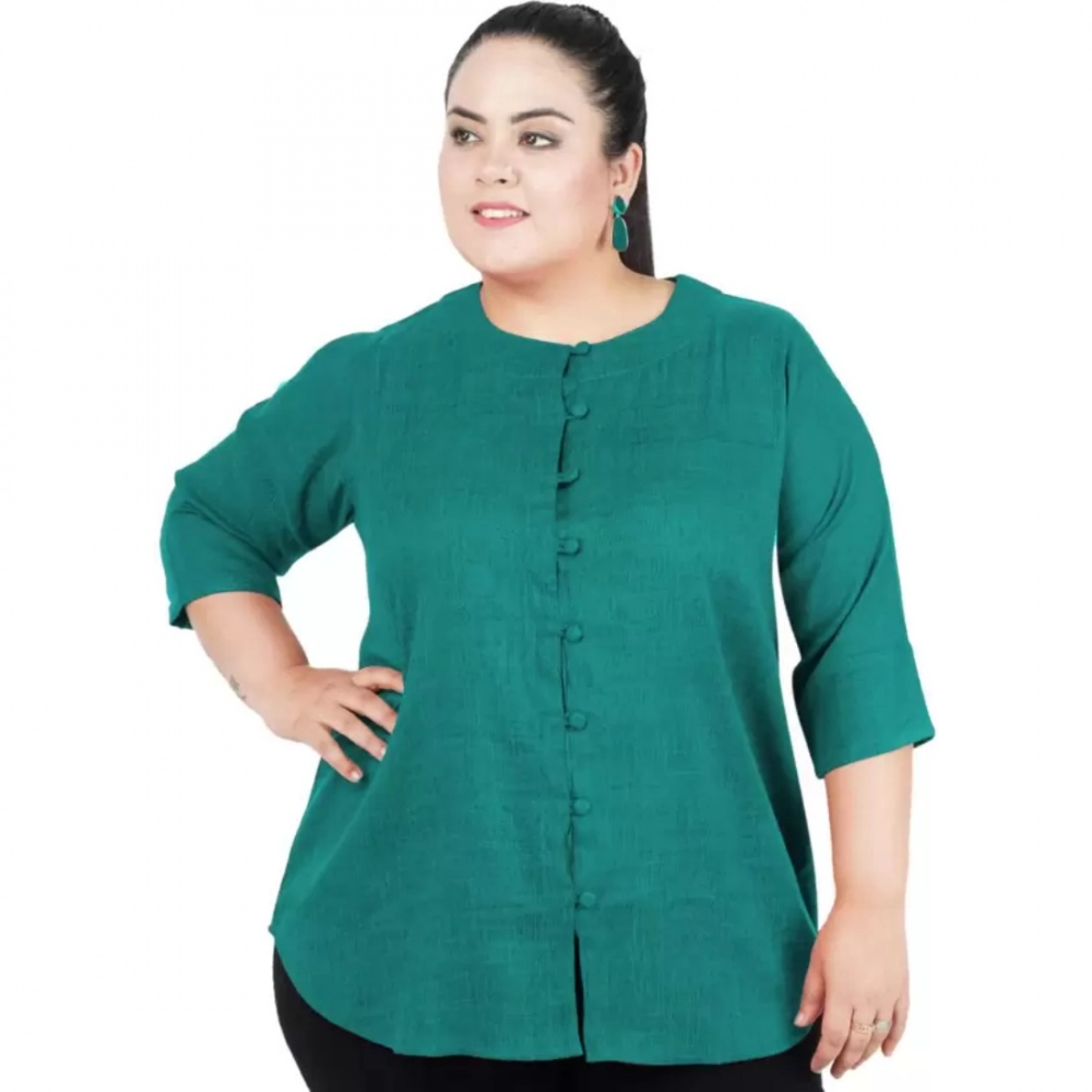 Femilyn Women's Casual Solid Green Top (Color:Green, Material:Cotton Linen Blend)