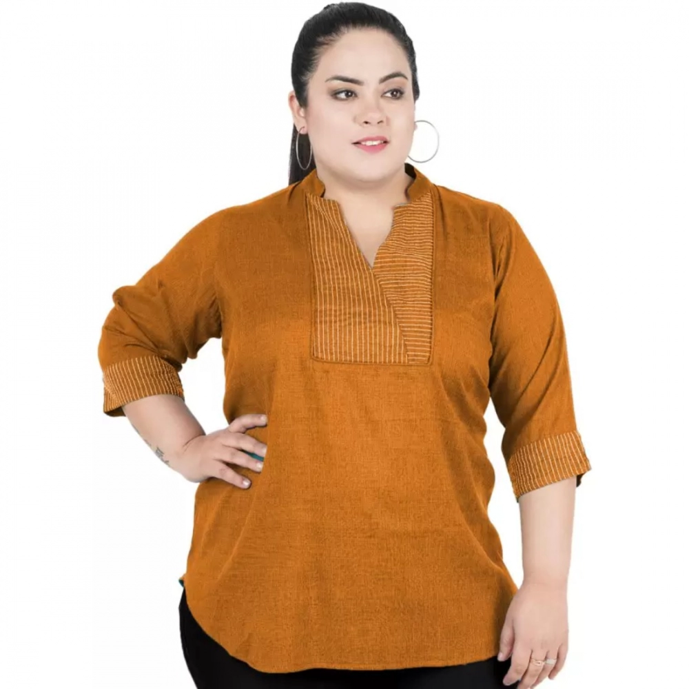 Femilyn Women's Casual Three Fourth Sleeve Embroidered Yellow Top (Color:Yellow, Material:Cotton Linen Blend)