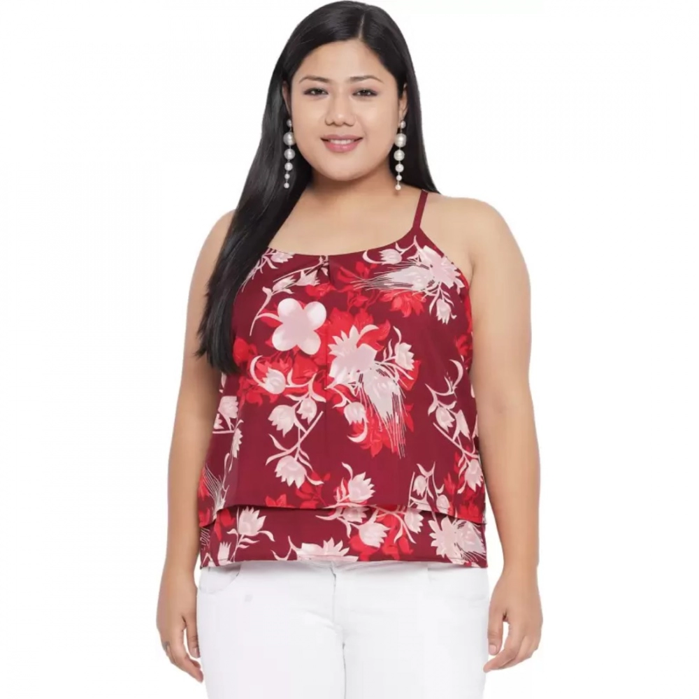 Femilyn Women's Casual Floral Print Red Top (Color:Red, Material:Polyester)