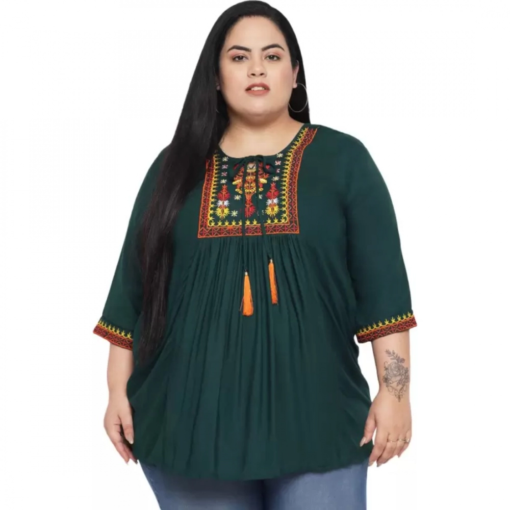 Femilyn Women's Casual Embroidered Dark Green Top (Color:Dark Green, Material:Rayon)