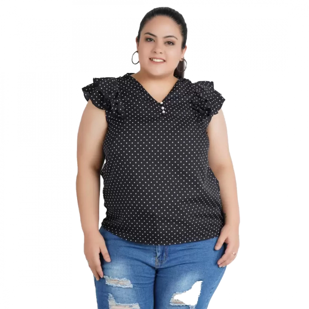 Femilyn Women's Casual Flutter Sleeve Polka Print Black Top (Color:Black, Material:Crepe)