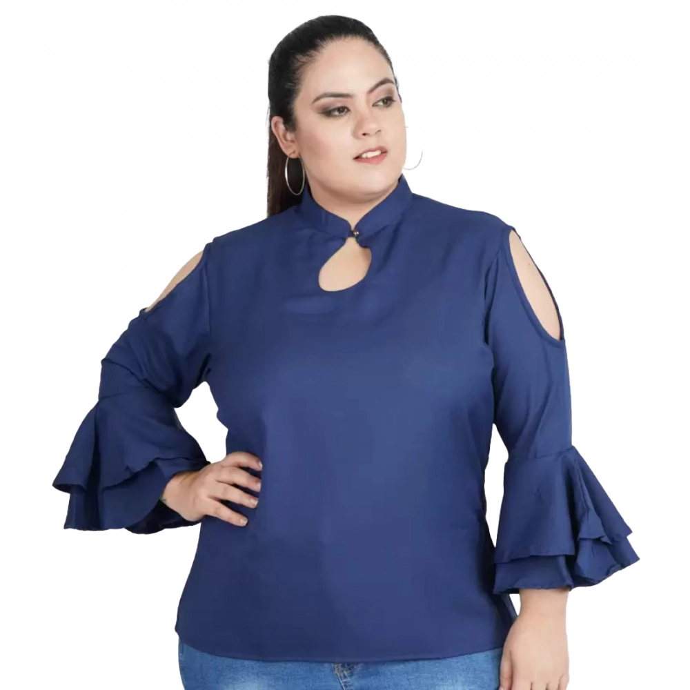Femilyn Women's Casual Bell Sleeve Solid Blue Top (Color:Blue, Material:Crepe)
