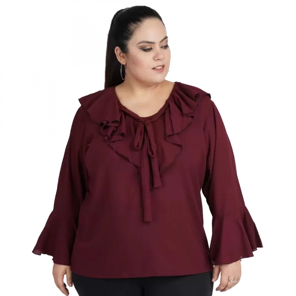 Femilyn Women's Casual Bell Sleeve Solid Maroon Top (Color:Maroon, Material:Georgette)
