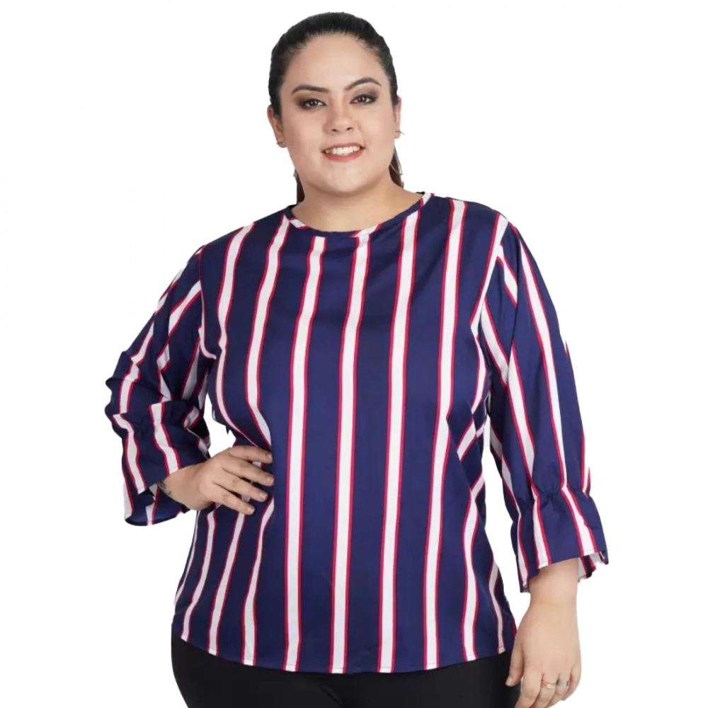 Femilyn Women's Casual Bell Sleeve Striped Blue Top (Color:Blue, Material:Crepe)