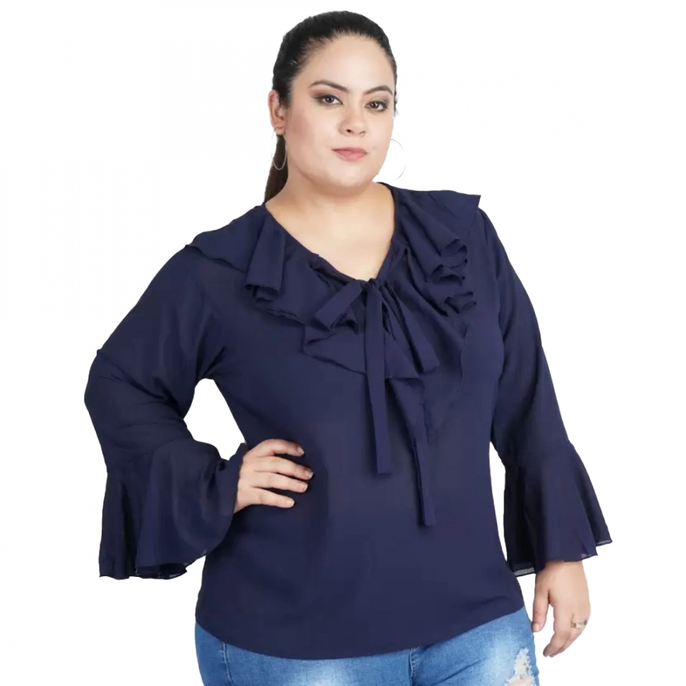 Femilyn Women's Casual Bell Sleeve Solid Blue Top (Color:Blue, Material:Georgette)