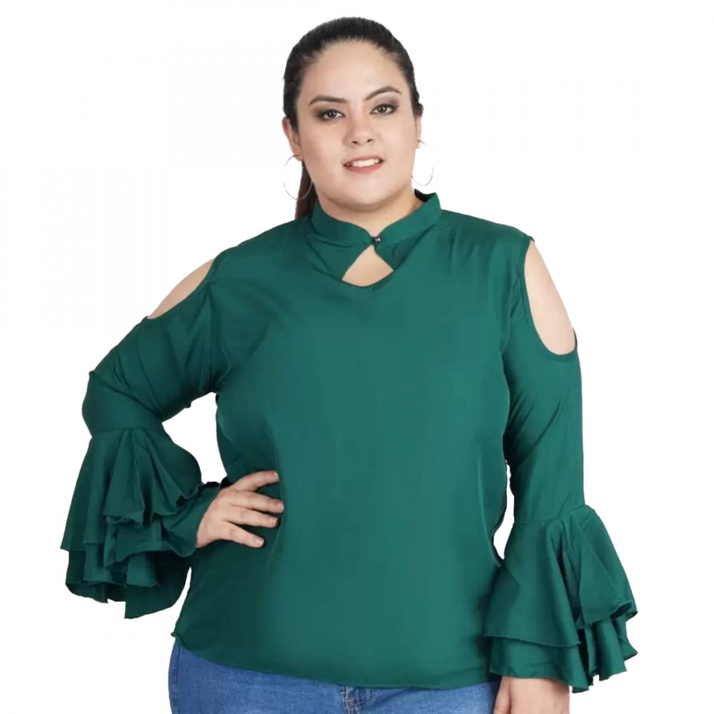 Femilyn Women's Casual Bell Sleeve Solid Green Top (Color:Green, Material:Crepe)