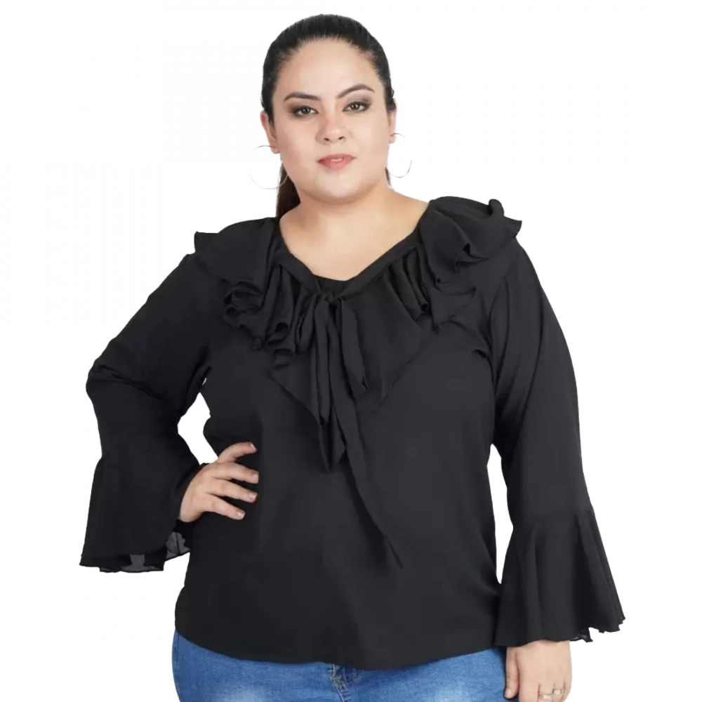 Femilyn Women's Casual Bell Sleeve Solid Black Top (Color:Black, Material:Georgette)