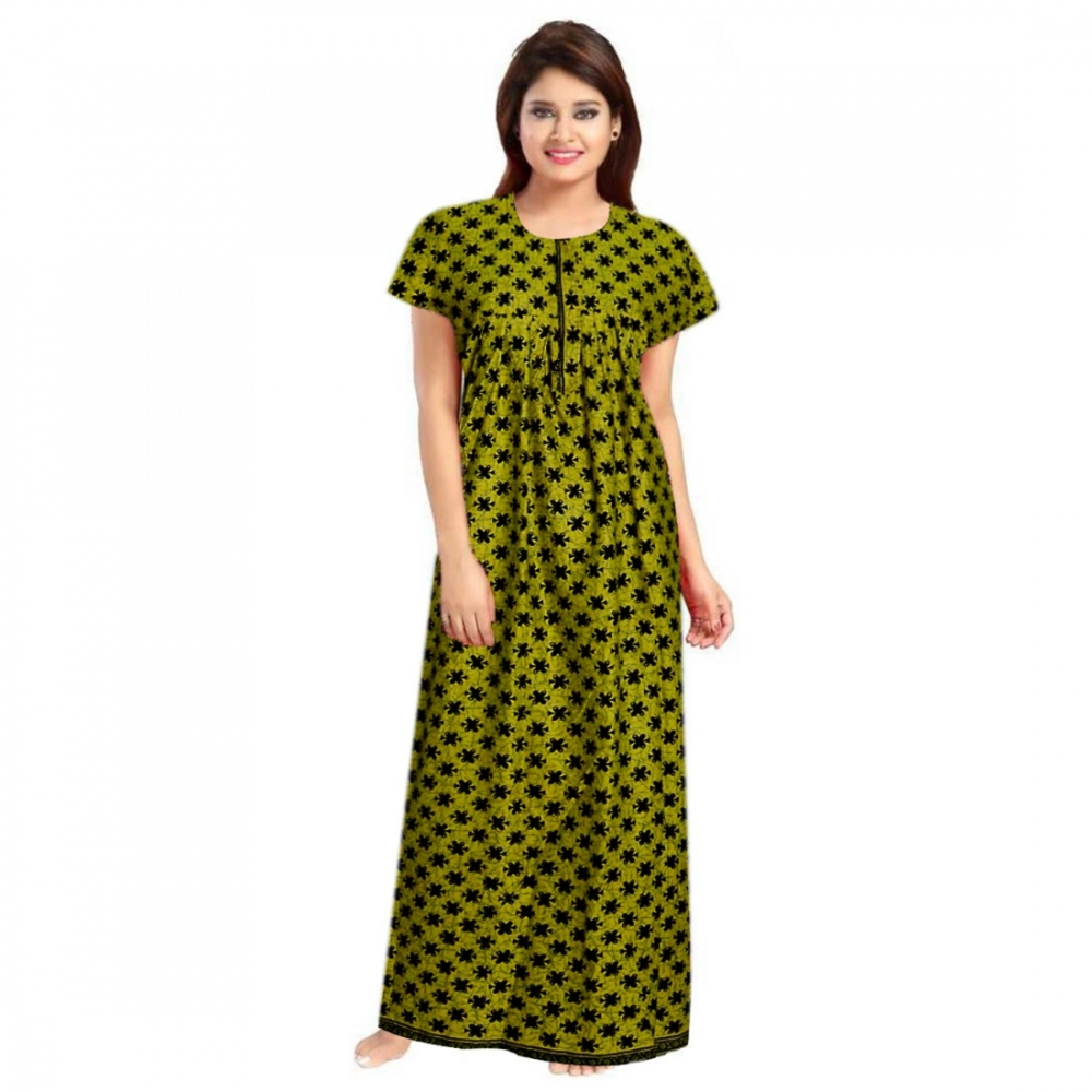 Femilyn Women's Cotton Printed Maxi Nighty (Green)