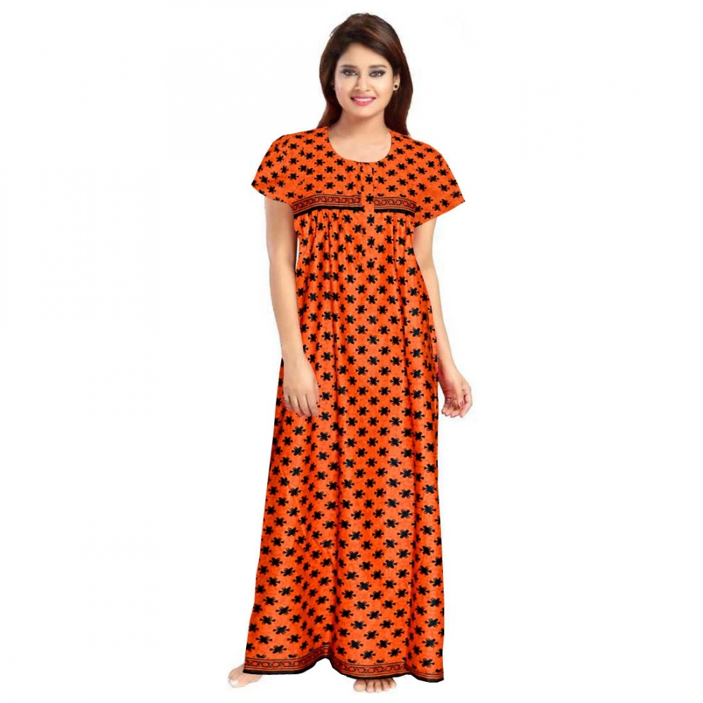 Femilyn Women's Cotton Printed Maxi Nighty (Orange)