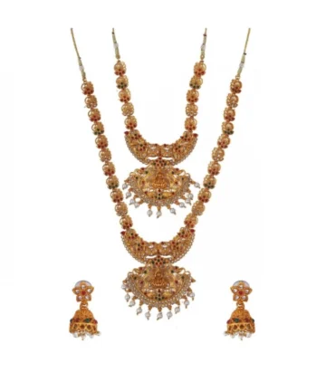 Femilyn Women's Stunning Temple Jewellery Set (Red And Green, Free Size)