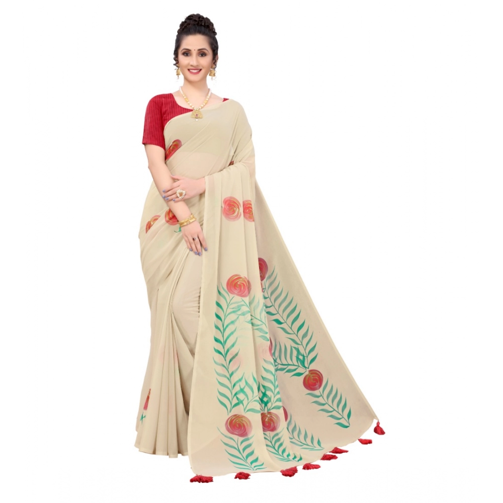 Femilyn Women's Georgette Floral Hand Printed Sarees (Beige, 5-6 Mtrs)