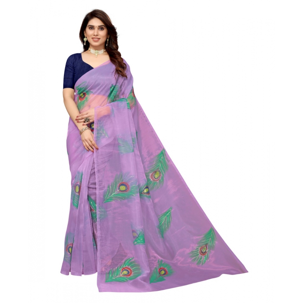 Femilyn Women's Organza Floral Pattern Sarees (Lavendor, 5-6 Mtrs)