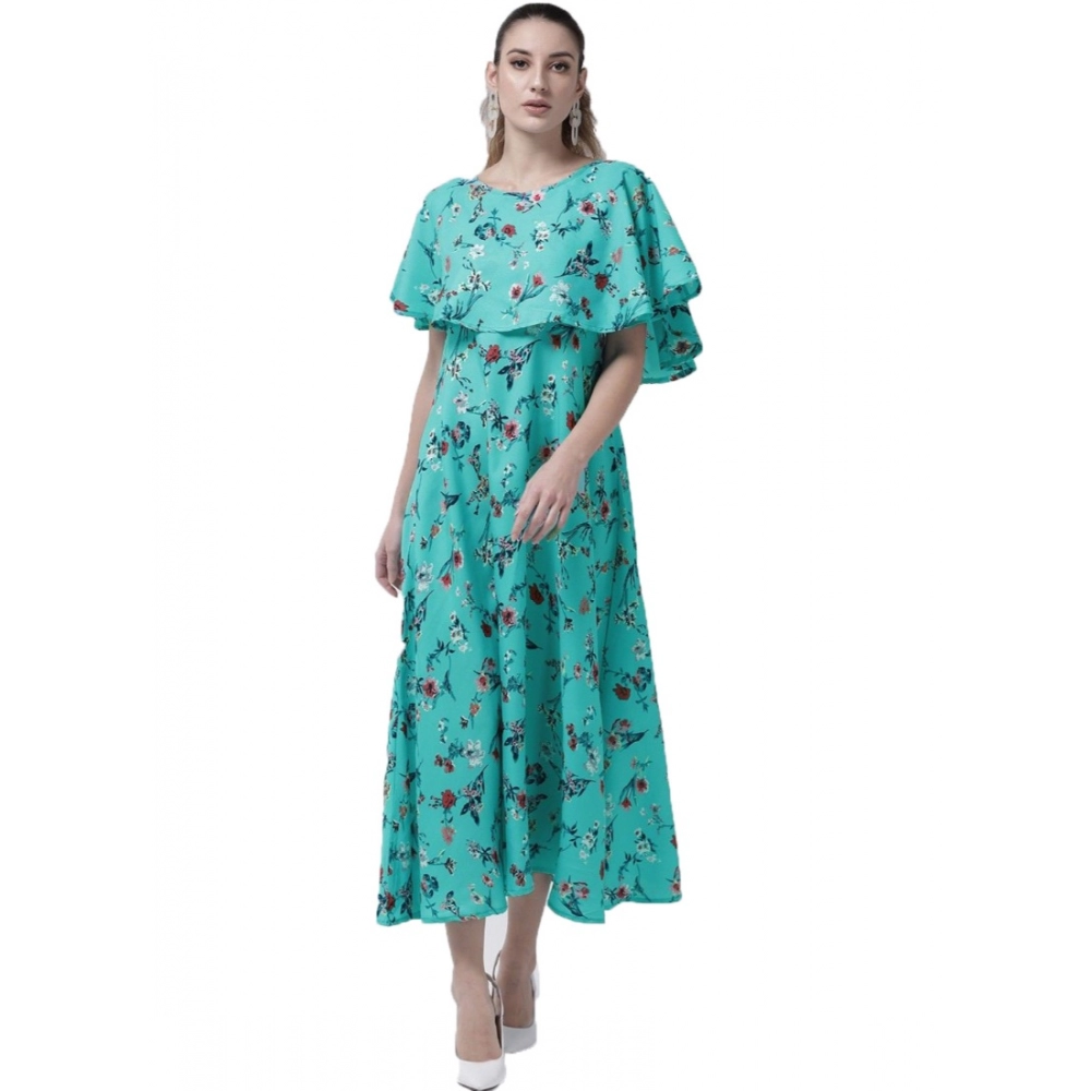 Femilyn Women's Crepe Floral Half Sleeves Full Length Gown(Turquoise)