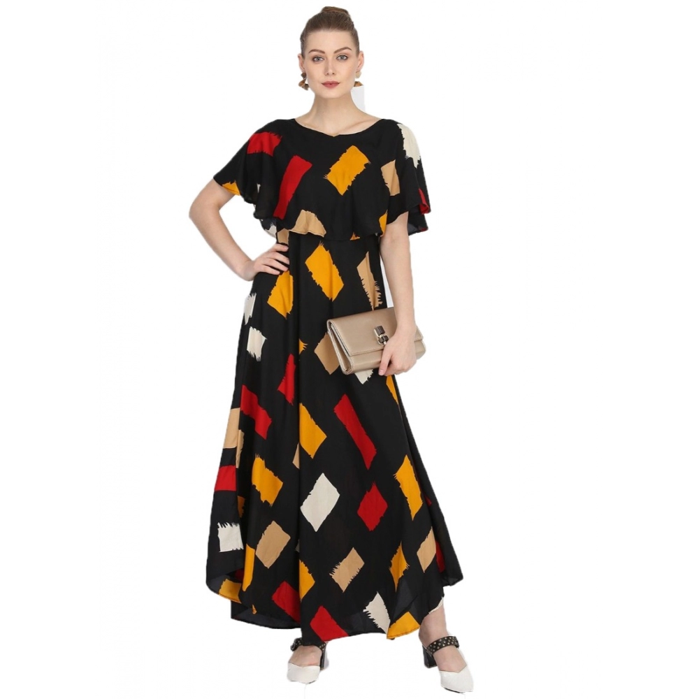 Femilyn Women's Crepe Printed Half Sleeves Full Length Gown(Multi)