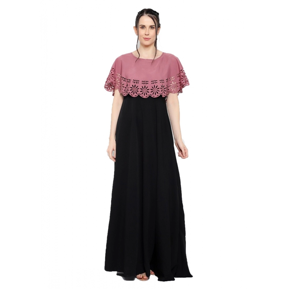 Femilyn Women's Crepe Solid Sleeveless Full Length Gown(Peach Black)