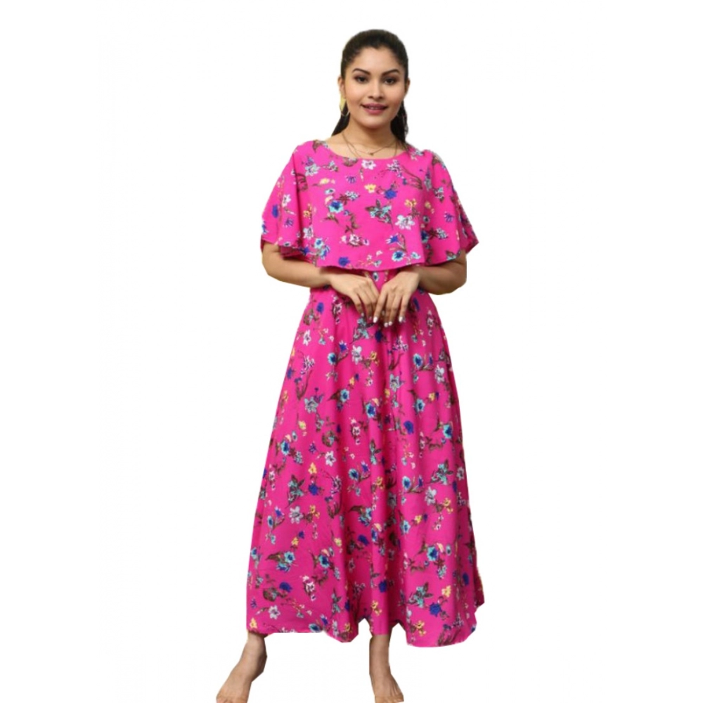 Femilyn Women's Crepe Floral Half Sleeves Full Length Gown(Pink)