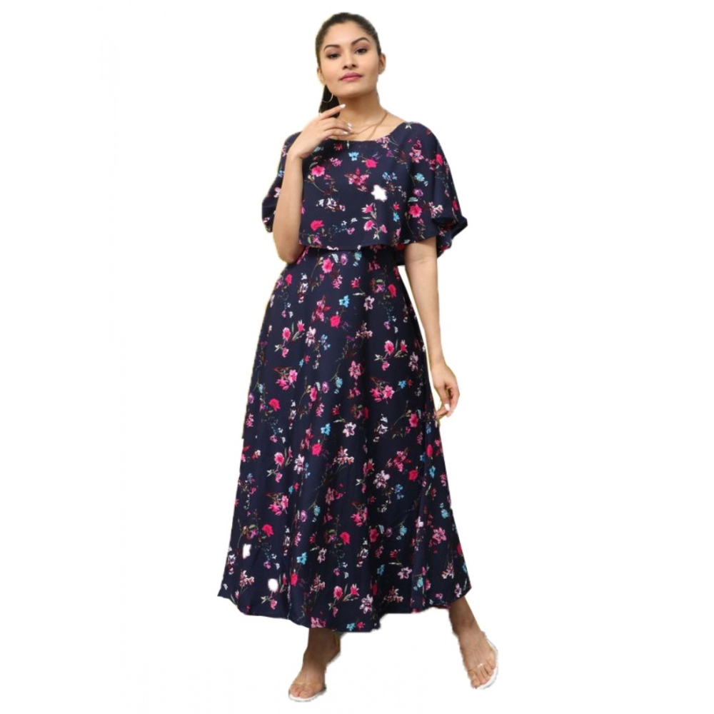 Femilyn Women's Crepe Floral Half Sleeves Full Length Gown(Dark Blue)