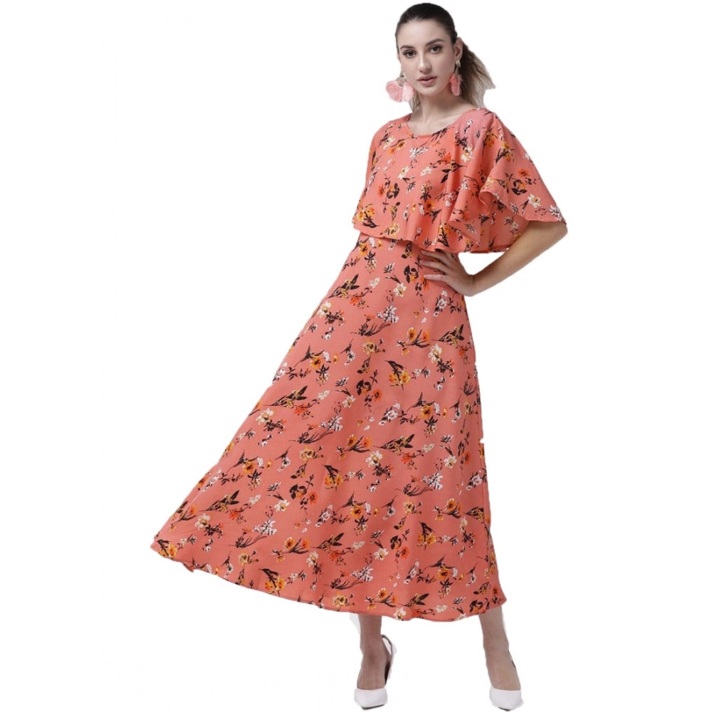 Femilyn Women's Crepe Floral Half Sleeves Full Length Gown(Orange)