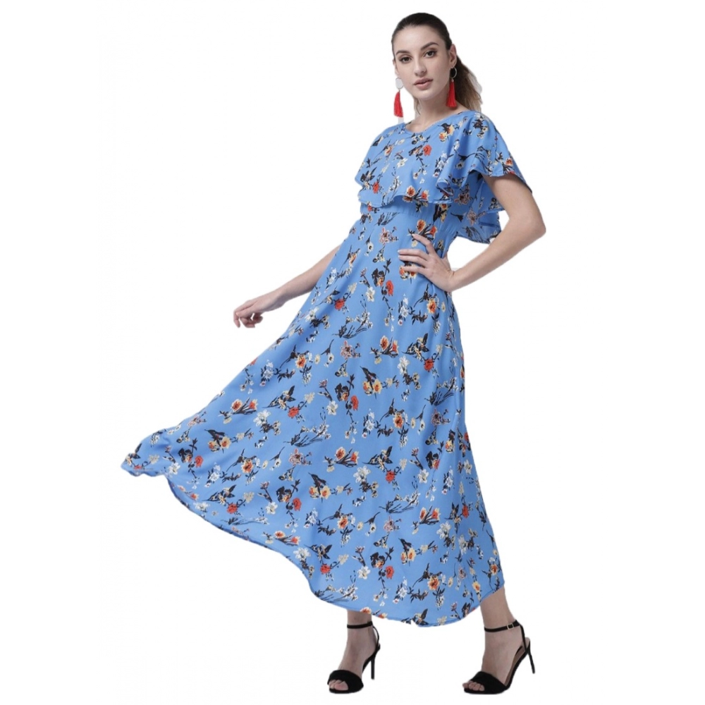 Femilyn Women's Crepe Floral Half Sleeves Full Length Gown(Blue)