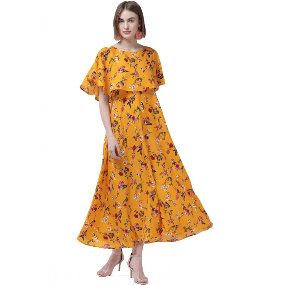 Femilyn Women's Crepe Floral Half Sleeves Full Length Gown(Yellow)